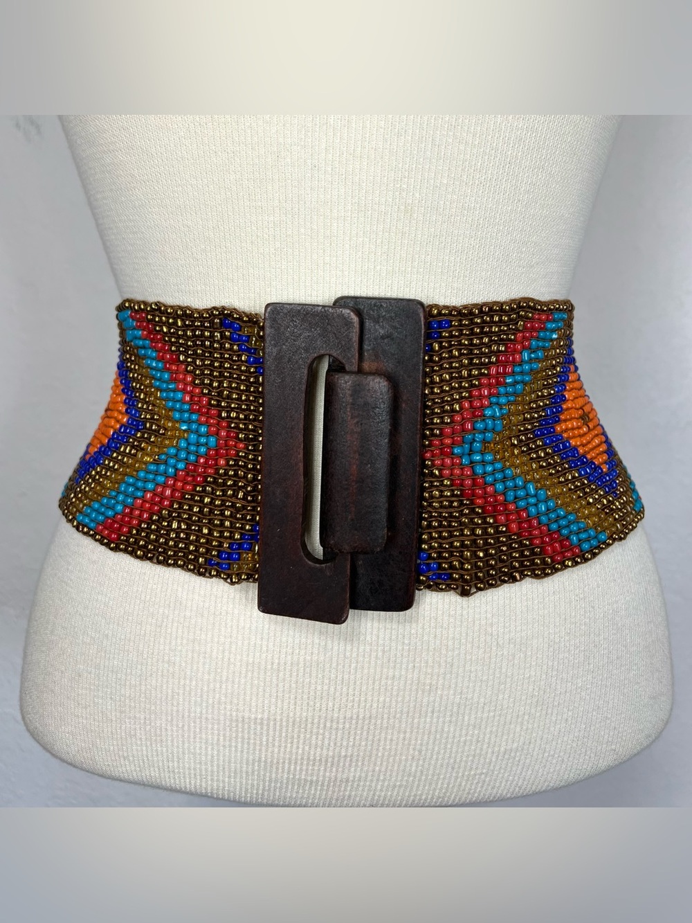 Handmade Beaded Multicolor Wide Waist Belt with Wooden Buckle